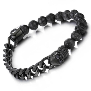 Men's punk skull bracelet featuring black volcanic lava beads and dark metal chain
