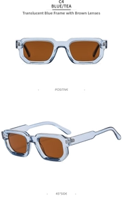 Front and side view of thick-framed vintage blue transparent sunglasses with tea lenses