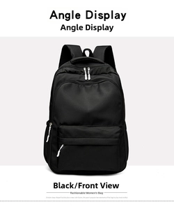 Front view of a black minimalist nylon backpack featuring a front zipper pocket and white pulls