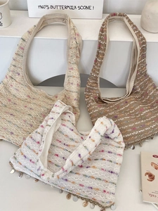 Crochet Knit Tote Bag Bohemian Shell Tassel Large Capacity Colorful Striped Shoulder Bag Vacation Casual For Women