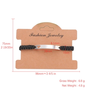 Black woven rope couple bracelet with hollow heart silver bar and size dimensions