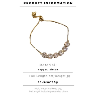 Detailed spec sheet for gold zircon bracelet showing dimensions and copper material info