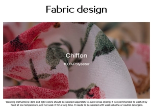 Detailed macro view of white floral chiffon fabric with technical washing instructions