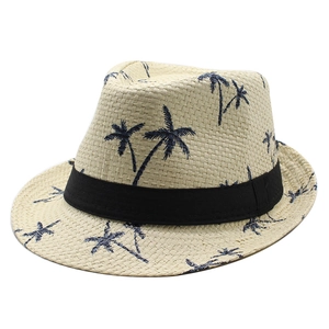 Panama Fedora straw hat with tropical palm tree patterns and a black decorative ribbon