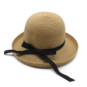 Summer straw sun hat with black ribbon bow, wide brim foldable beach cap for women
