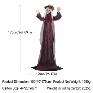 Detailed size chart for 175cm Halloween standing witch with purple mesh robe and hat