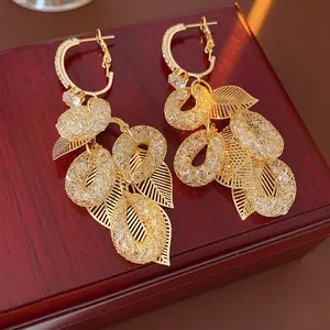 Orecchini Pendenti Foglia Cava Palazzo Retrò Rame Con Zircone E Perno In Argento Gioielli Di Lusso Vintage