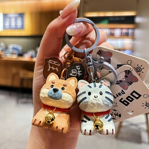 Cute Resin Wood Carving Style Animal Keychain Dog Cat Bag Charm With Gold Bell Red Collar Backpack Pendant Accessory