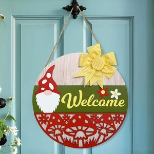 Spring mushroom gnome welcome wooden door sign with a yellow bow and flower details