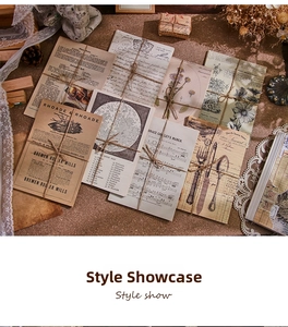 Detail of vintage scrapbook paper set with twine, botanical prints, and old music sheets