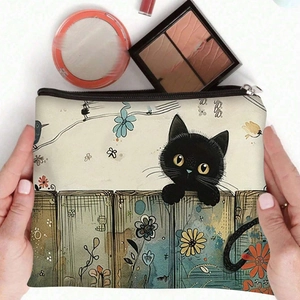 Large capacity canvas pouch with black cat and flower prints being held by hands