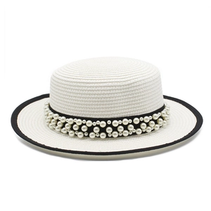 Cappello Boater Donna Paglia Protezione Solare Ala Larga Francese Retrò Perla Artificial Nastro Decorazione Elegante Accessorio Estivo