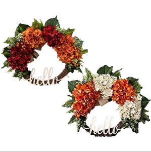 Fall hydrangea wreath set with hello sign and burlap bow for autumn home door decor