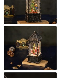 Detail view of retro Christmas lantern with Santa scene and swirling glitter snow