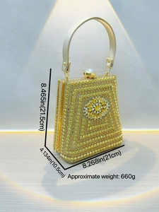 Sparkling gold rhinestone evening clutch bag with crystal flower detail and dimensions