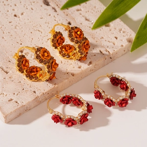 Vintage gold plated flower hoop earrings with crystals and colorful resin roses
