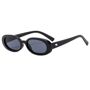 Retro small oval frame sunglasses with black glossy finish and dark grey lenses