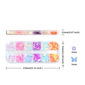 Detailed size specifications for 12-slot nail art box with holographic sequins