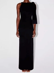 Elegant black one-shoulder slim fit maxi dress featuring a minimalist asymmetric design