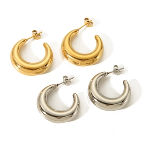 Polished chunky 18K gold and silver stainless steel crescent hoop earrings for women