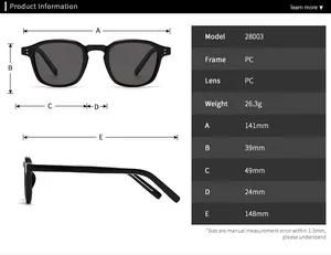Tabla de tallas de gafas de sol retro de PC con dimensiones detalladas del modelo