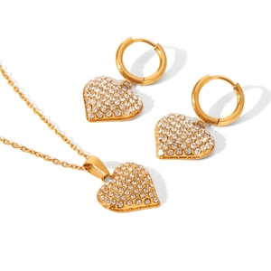 Golden heart-shaped necklace and earring jewelry set with sparkling rhinestones