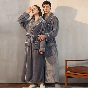 Thick dark grey flannel long bathrobe for couples with white piping and waist tie belt