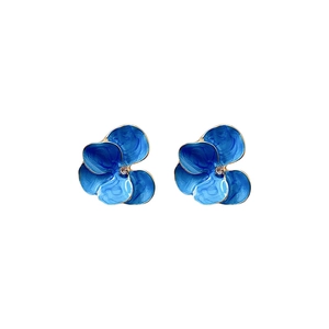 Vintage gold-plated blue enamel flower stud earrings with center crystal accent