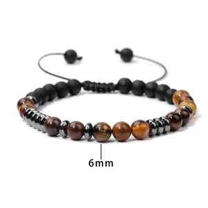 Adjustable woven bracelet with 6mm matte black, brown tiger eye and hematite beads