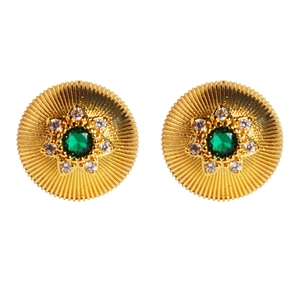 French vintage gold round stud earrings with green zircon and radial texture design