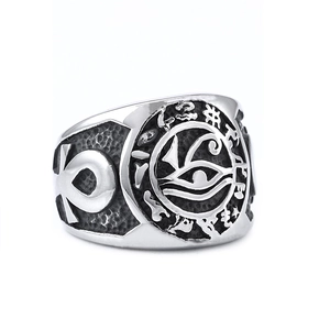 Vintage stainless steel Eye of Horus and Ankh cross ring with textured silver finish