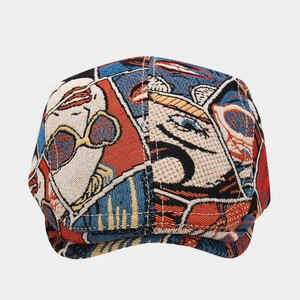 Retro comic book style jacquard flat cap with vibrant pop art bow pattern for men and women