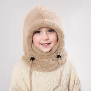 Detail of khaki plush winter hooded scarf showing adjustable drawstrings and soft texture
