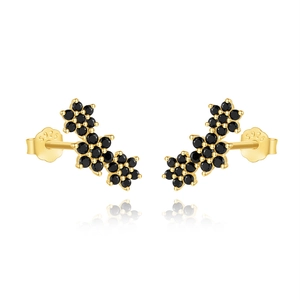 Close-up of S925 sterling silver stamp on gold earrings with black floral zircons