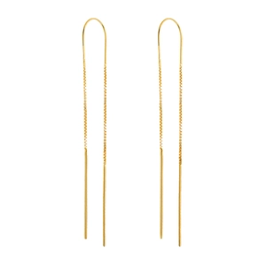 Macro shot of long gold-colored tassel drop earrings in S925 sterling silver style