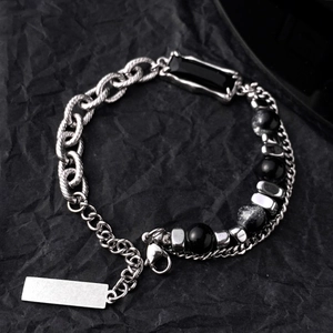 Titanium Steel Spliced Chain Bracelet With Black Rectangular Stone Hematite Beads Cool Minimalist Jewelry For Unisex