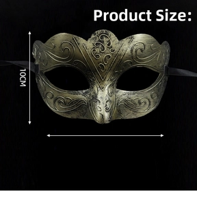 Detail view of retro bronze masquerade mask with dimensions 15cm width and 10cm height