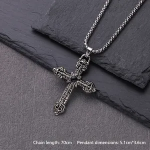 Vintage cross necklace in titanium steel with black gemstone and 70cm chain