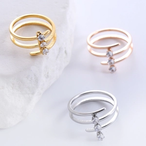Three-layer multilayer stainless steel open rings with triple zircon stones for women