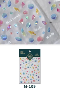Macro view of M-109 laser iridescent seashell and starfish nail art stickers