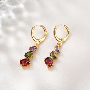 Colorful Zircon Oval Drop Earrings With Silver Earring Post Gold Plated Copper Geometric Dangle Jewelry For Women