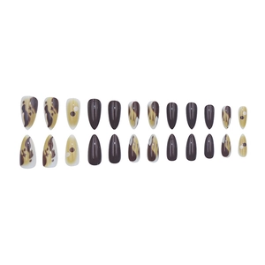 Press-on nails featuring amber oil painting design and blue-brown marble ink texture
