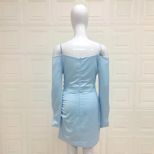 Slim fit light blue off-shoulder long sleeve dress featuring a discreet back zipper closure