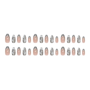 Blue cat eye press on nails with 3D silver leaf and floral patterns in almond shape