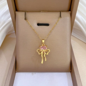 Pink Heart Zircon Bow Knot Pendant Necklace Titanium Steel Copper For Women Sweet Elegant