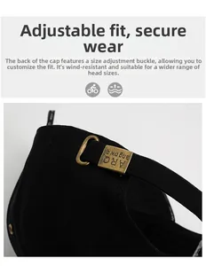 Detail of black baseball cap with adjustable antique bronze metal buckle and ARQ engraving