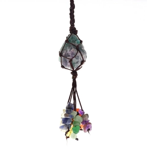 Handmade woven ornament with natural raw colorful fluorite crystal and tassel