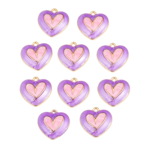 Detailed view of ten purple and pink enamel heart charms with gold trim and top rings