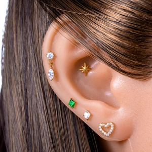 Five-piece gold titanium zircon earring set featuring star, heart, and marquise shapes