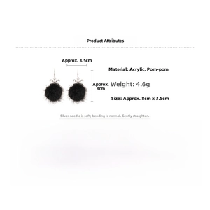 Detail view of black fur ball earrings with acrylic petals and dimensions of 8cm by 3.5cm